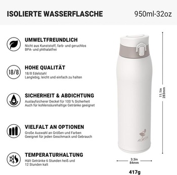 Fľaša na vodu AORIN z nerezovej ocele 18/8, 950 ml, nepriepustná termoska, dvojstenná izolovaná fľaša