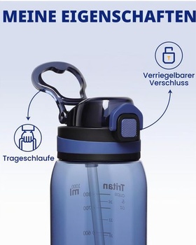 Fľaša na pitie Opard Peak 1000 ml so slamkou, bez BPA, nepriepustná fľaša s odklápacím viečkom, modrá