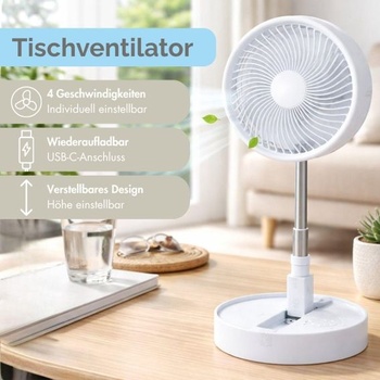 Mini stolný ventilátor - výškovo nastaviteľný 13-55 cm s USB a batériou, 4 rýchlosti - tichý mini