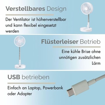 Mini stolný ventilátor - výškovo nastaviteľný 13-55 cm s USB a batériou, 4 rýchlosti - tichý mini