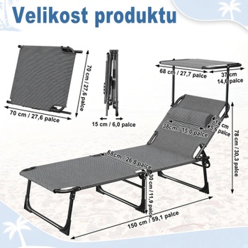 Skladacie ležadlo s tienidlom HW06317BG, nosnosť 100 kg, čierno / sivá