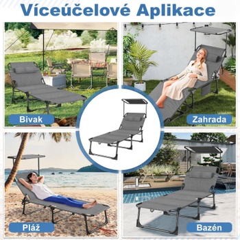 Skladacie ležadlo s tienidlom HW06317BG, nosnosť 100 kg, čierno / sivá