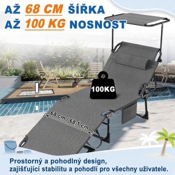 Skladacie ležadlo s tienidlom HW06317BG, nosnosť 100 kg, čierno / sivá