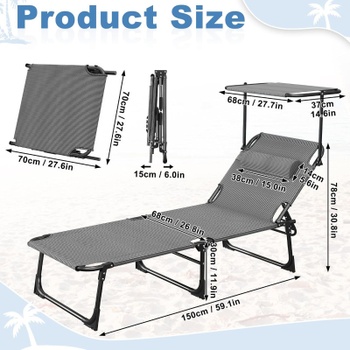 Skladacie ležadlo s tienidlom HW06317BG, nosnosť 100 kg, čierno / sivá