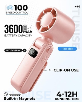 Prenosný ventilátor TUNISE, mini ručný ventilátor 3600 mAh, dobíjací ružový