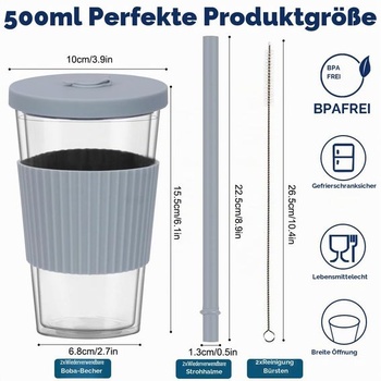 500ml kelímky na bublinkový čaj s brčkem, 2 ks opakovaně použitelných plastových kelímků, šedá +