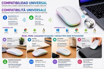 Bezdrôtová myš Generico, dobíjacia, Bluetooth, 2,4 GHz, USB, duálny režim pre notebook, univerzálny,