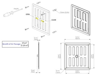 Štvorcová vetracia mriežka 150 x 150 mm, čierna RAL9005, pozinkovaná oceľ 150 x 150 mm čierna RAL9005