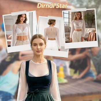 Dámská halenka s dlouhým rukávem, kulatý výstřih, průhledná s puntíky, nafoukané rukávy, elegantní