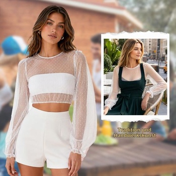 Dámská halenka s dlouhým rukávem, kulatý výstřih, průhledná s puntíky, nafoukané rukávy, elegantní