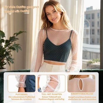 Dámská halenka s dlouhým rukávem, kulatý výstřih, průhledná s puntíky, nafoukané rukávy, elegantní