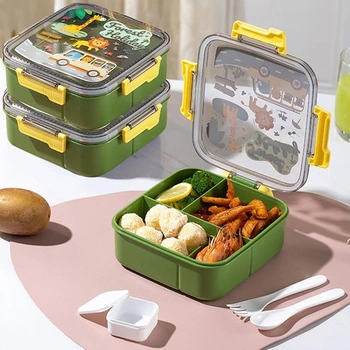Dětský obědový box YGCHEN se zvířecím vzorem, čtvercový obědový box se 4 přihrádkami a nepropustným