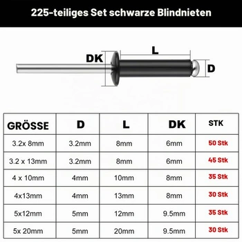 225dílná sada černých hliníkových trhacích nýtů, 6 velikostí, 3,2/4/5 mm