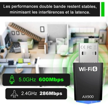 USB WiFi adaptér pre PC, AX900 Mbps USB WiFi 6 WLAN adaptér Dual Band 2.4G/5GHz, ovládače na CD