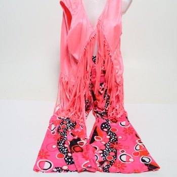 XonyiCos 6dielny hippie kostým 60. a 70. rokov, diskotéka, vesta so strapcami, boho nohavice so zvonovým