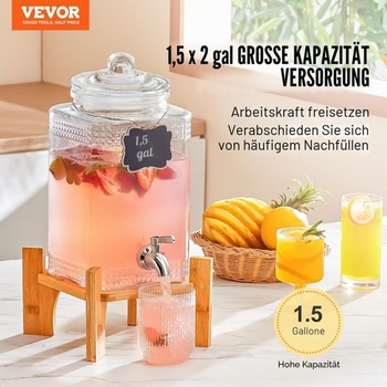 Dávkovač nápojů VEVOR, 1,5 galonový párty dávkovač nápojů, skleněný dávkovač džusu se stojanem,