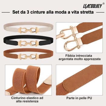 LEACOOLKEY Sada 3 elegantních, tenkých elastických pásků pro ženy se zlatými přezkami, pásky ve