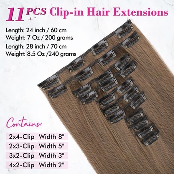 REECHO Clip-in prodlužování vlasů - 11dílné clip-in prodlužování vlasů pro ženy, 61 cm dlouhé rovné