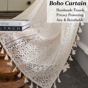 Sutuo Home Boho závesy, háčkované krajkové polopriehľadné, bohémske, duté pletené ručne pletené