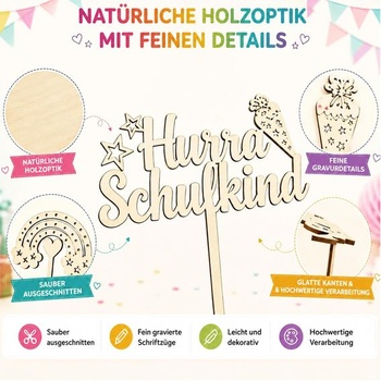 Sada drevených ozdôb na torty pre prvý školský deň (2025), 7dielna sada s cukrovým kornútom, ABC
