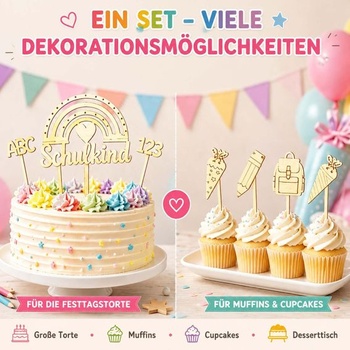 Sada dřevěných ozdob na dorty pro první školní den, 7 dílů, obsahuje školní kornout, abecedu 123 a
