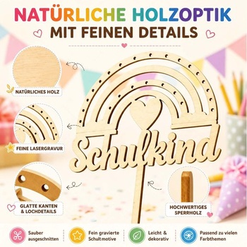 Sada drevených ozdôb na torty na prvý školský deň, 7 dielov, obsahuje školský kornút, abecedu 123 a