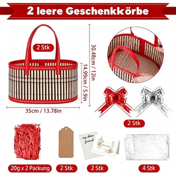 Klno 2dielna sada prázdnych bambusových darčekových košov 35 cm, robustné veľké darčekové koše, červené