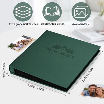 Fotoalbum 10x15 cm, 600 fotografií, vkládací album z imitace kůže s elegantní ražbou, tmavě zelené