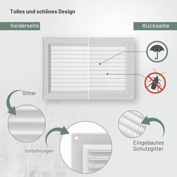 Vetracie systémy 250 x 170 mm Biela obdĺžniková vetracia mriežka, plastový kryt s protihmyzovou sieťou,