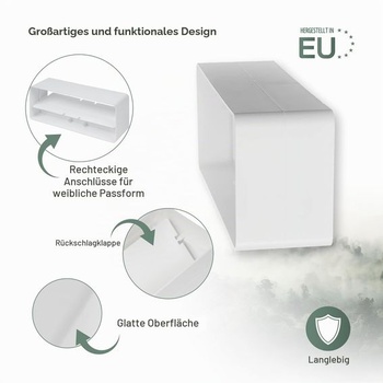 Vent Systems Obdĺžniková spojka potrubia 220 x 90 mm so spätnou klapkou – plastová spojka pre ploché
