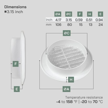 Vent Systems 2 kusy, 80 mm bílé větrací kryty – kulaté větrací otvory – kryty mřížek – integrované