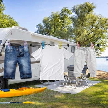 Kempingová šňůra na prádlo, přenosná šňůra na prádlo s 12 barevnými klipy, elastická kempingová
