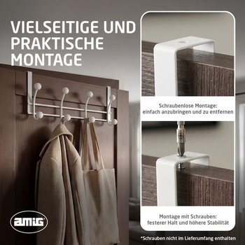 Amig - háčik na dvere - 395 x 187 x 114 mm - háčik v bielej farbe - Vyrobené z ocele a plastu. Model
