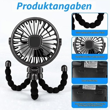Ventilátor do kočárku Vicloon, přenosný ventilátor s klipem, otočný o 360°, černý - 500 mAh