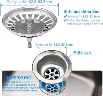 Nerezová vypúšťacia zátka, 82 mm, náhradná zátka do drezu, pre kuchynský drez, 82,3 - 84 mm