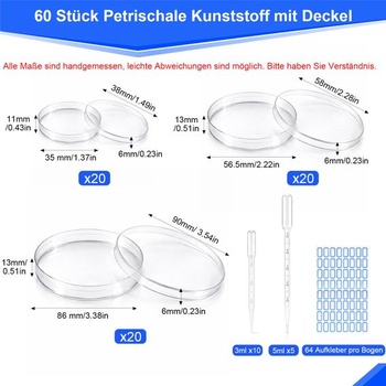 60 kusov plastových Petriho misiek, 35mm, 60mm, 90mm Petriho misky s prenosovými pipetami a