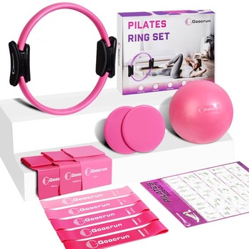 Súprava kruhov na pilates Goocrun s odporovým pásom, loptou na pilates a klznými diskami. Prenosná domáca