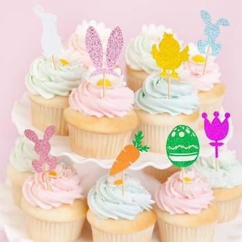 Velikonoční ozdoby na muffiny, 16 ks zajíčků na ozdoby na muffiny, velikonoční ozdoby na dorty,