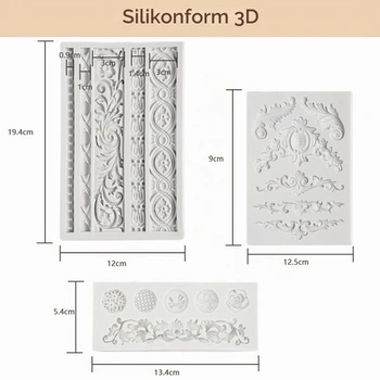 3dílná barokní silikonová forma, formy na fondán, vintage silikonová pečící forma, retro reliéfní