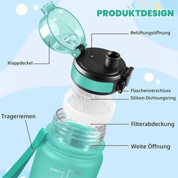 Fľaša na vodu HoneyHolly 500ml, nepriepustná s časovou značkou, detská fľaša na pitie, športová