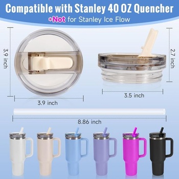 2 viečka na Stanley Cup 40oz, Nepriepustné viečko na Stanley Cup so 4 slamkami a 1 kefkou na slamku,
