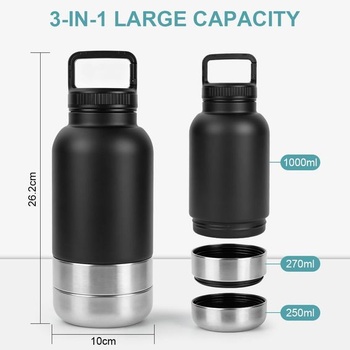 Fľaša na vodu pre psov HOTUT na cesty, 1000ml, 3v1 fľaša na vodu s 2 miskami na kŕmenie, izolovaná