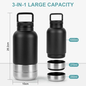 Láhev na vodu pro psy HOTUT na cesty, 1000ml, 3v1 láhev na vodu se 2 miskami na krmení, izolovaná