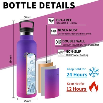 Nerezová fľaša na vodu, 750 ml, so slamkou, bez BPA, na kempovanie, jogu, fialovo-ružová, g 750 ml