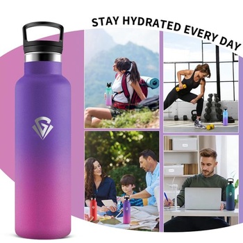 Nerezová fľaša na vodu, 750 ml, so slamkou, bez BPA, na kempovanie, jogu, fialovo-ružová, g 750 ml