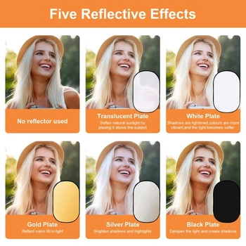 Reflektor 5 v 1, zjasňovač fotografií 60 cm x 90 cm, oválny skladací reflektor