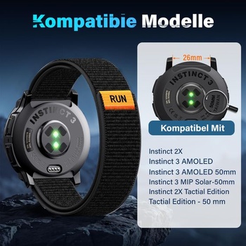 Náramek se zapínáním na suchý zip kompatibilní s Instinct 3-50 mm, 26 mm, černý.