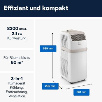 Mobilná klimatizácia, až 60 m², 65 dB, 8300 BTU, biela - A