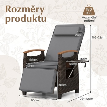 Relaxačné kreslo z PE ratanu HW75158GR, 79-142 x 60 x 105-72 cm, šedé - B
