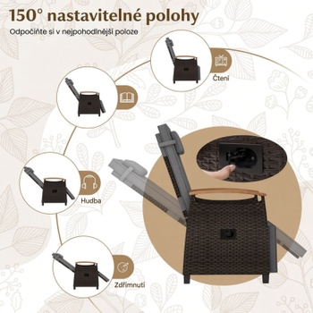 Relaxačné kreslo z PE ratanu HW75158GR, 79-142 x 60 x 105-72 cm, šedé - B